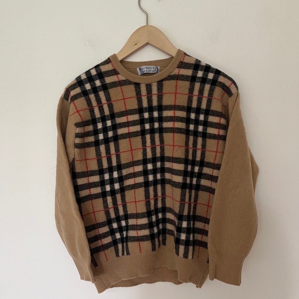 Burberrys Vintage Nova Check Lambswool Sweater Camel Tan Made in Scotland